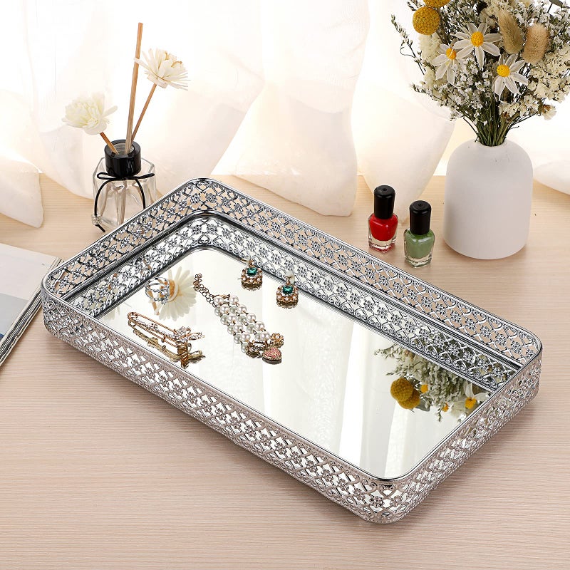 ELLDOO Perfume Tray Mirror Tray Silver Vanity Makeup Hollow-Carved Jewelry Tray Glass Metal Trinket Storage Tray Home Decor Organizer Tray for for Dresser Bathroom Countertop Large Size 13.8""x 7.9"" - Image 2